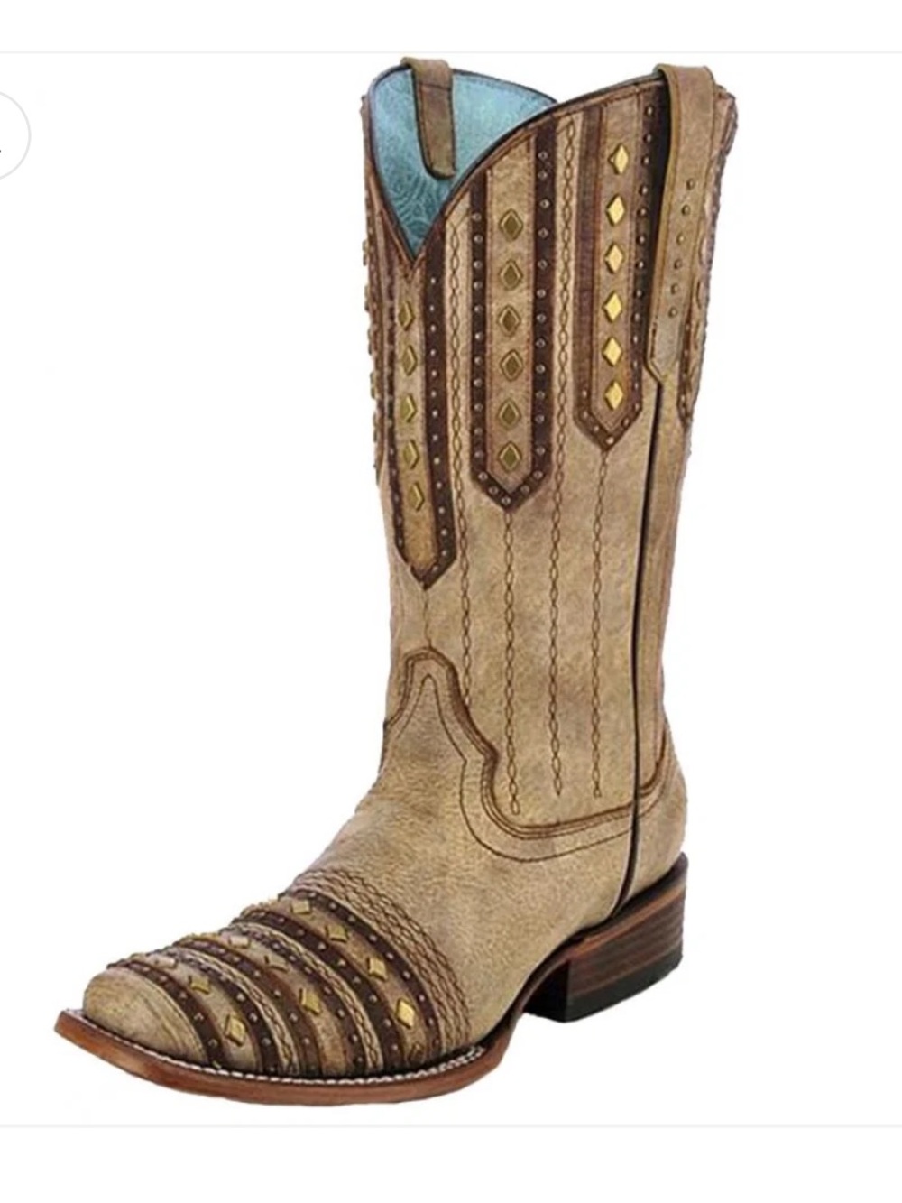 Corral Tan and Brown Leather Studded Western Boots with Turquoise Lining